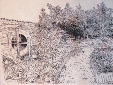 Dessin intitulée "Jardin 2 Gourvillet…" par Michel Adam, Œuvre d'art originale, Encre