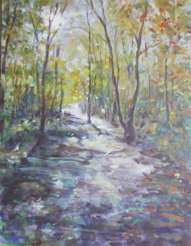 Painting titled "Chemin en forêt" by Michel Adam, Original Artwork, Acrylic