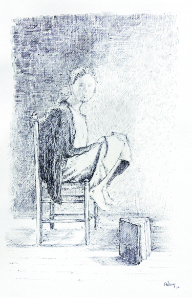 Dessin intitulée "Jeune fille à la ch…" par Michel Adam, Œuvre d'art originale, Stylo à bille
