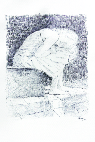 Σχέδιο με τίτλο "Jeune fille au coff…" από Michel Adam, Αυθεντικά έργα τέχνης, Στυλό
