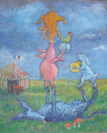 Malerei mit dem Titel "La Ferme en folie" von Michel Adam, Original-Kunstwerk, Acryl