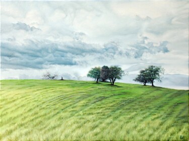 Painting titled "Collina Verde" by Michelangelo Rossi, Original Artwork, Oil Mounted on Wood Stretcher frame