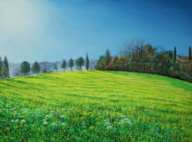 Painting titled "Collina in Fiore" by Michelangelo Rossi, Original Artwork, Oil Mounted on Wood Stretcher frame