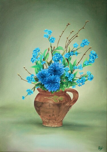 Pittura intitolato "Vaso con Fiori Blu" da Michelangelo Rossi, Opera d'arte originale, Olio