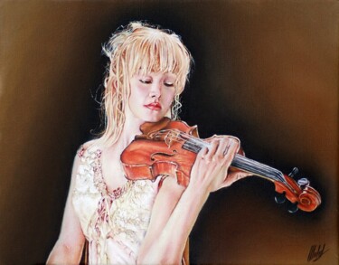 Painting titled "La Violinista" by Michelangelo Rossi, Original Artwork, Oil Mounted on Wood Stretcher frame