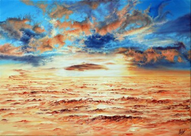 Painting titled "Tramonto sul Mare" by Michelangelo Rossi, Original Artwork, Oil Mounted on Wood Stretcher frame