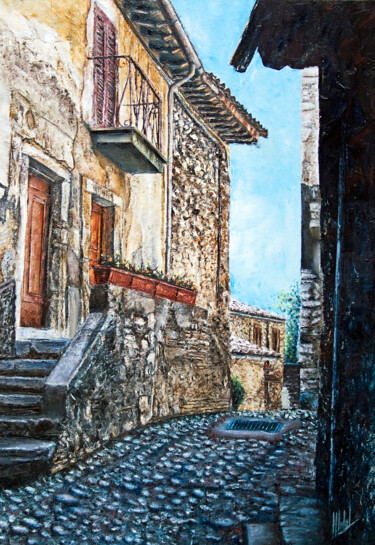 Painting titled "In Alto sul Paese A…" by Michelangelo Rossi, Original Artwork, Oil