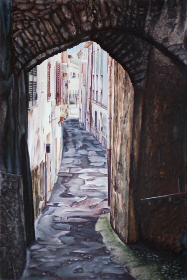 Painting titled "Attraverso l'Arco" by Michelangelo Rossi, Original Artwork, Oil Mounted on Wood Stretcher frame