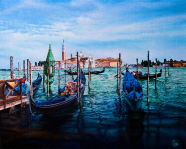 Painting titled "Gondole a Venezia" by Michelangelo Rossi, Original Artwork, Oil Mounted on Wood Stretcher frame