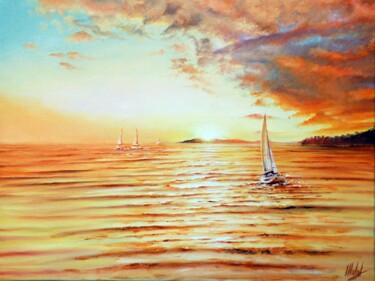 Painting titled "Tramonto Arancione" by Michelangelo Rossi, Original Artwork, Oil Mounted on Wood Stretcher frame