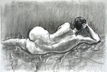 Dessin intitulée "Nu Couché de Dos" par Michel Cabon, Œuvre d'art originale