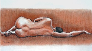 Dessin intitulée "Nu Couché de Dos" par Michel Cabon, Œuvre d'art originale