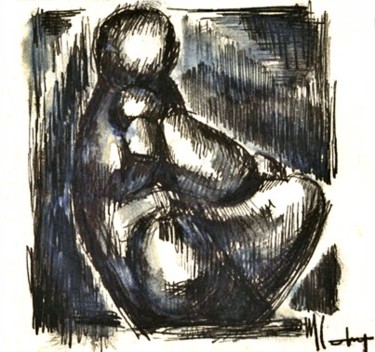 Dessin intitulée "Vierge à l'Enfant" par Michel Cabon, Œuvre d'art originale
