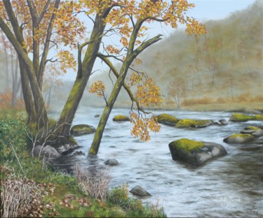 Painting titled "Brume dans la vallé…" by Michel De Ruyck, Original Artwork, Oil