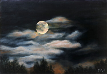Painting titled "Clair de lune" by Michel De Ruyck, Original Artwork, Oil Mounted on Wood Stretcher frame
