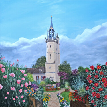 Painting titled "Evreux, son beffroi…" by Michel De Ruyck, Original Artwork, Oil Mounted on Wood Stretcher frame