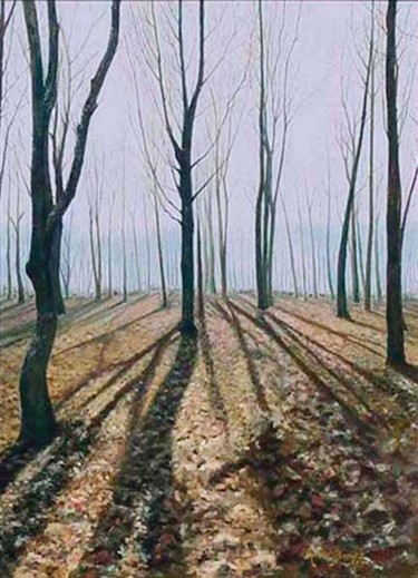 Painting titled "sous bois en hiver" by Michel De Ruyck, Original Artwork, Oil