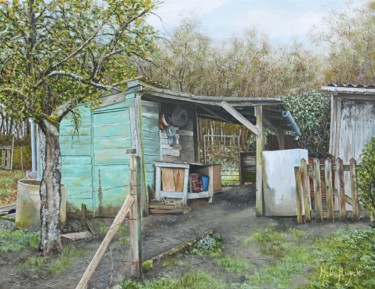 Peinture intitulée "Cabane de jardin à…" par Michel De Ruyck, Œuvre d'art originale, Huile