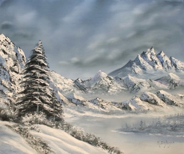 Painting titled "Montagne enneigée" by Michel De Ruyck, Original Artwork, Oil