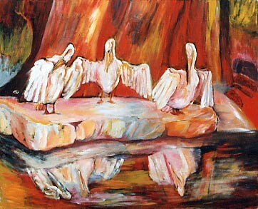 Peinture intitulée ""Trois "Pélicans su…" par Michèle Bachelet, Œuvre d'art originale