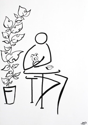 Drawing titled "Sur la terrasse ent…" by Michèle Baylet-Brunet, Original Artwork, Ink