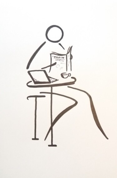 「Geek au bistrot」というタイトルの描画 Michèle Baylet-Brunetによって, オリジナルのアートワーク, インク