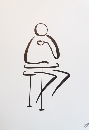 Рисунок под названием "Pause café" - Michèle Baylet-Brunet, Подлинное произведение искусства, Чернила