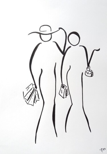 Tekening getiteld "Shopping entre copi…" door Michèle Baylet-Brunet, Origineel Kunstwerk, Inkt