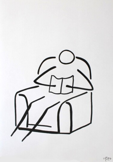 Drawing titled "Temps de lecture" by Michèle Baylet-Brunet, Original Artwork, Ink