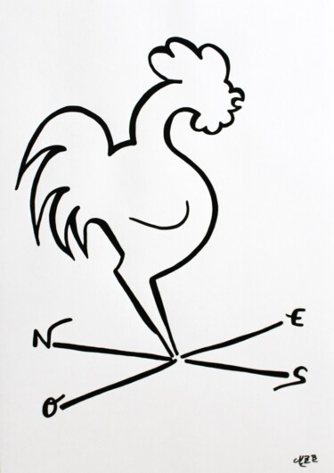 Dibujo titulada "Coq au vent" por Michèle Baylet-Brunet, Obra de arte original, Tinta
