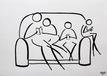 Dessin intitulée "Soirée en famille" par Michèle Baylet-Brunet, Œuvre d'art originale, Encre