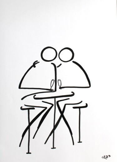 Dibujo titulada "Un verre partagé au…" por Michèle Baylet-Brunet, Obra de arte original, Tinta