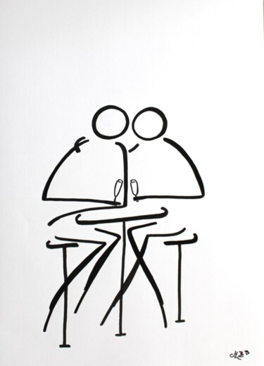 Drawing titled "Un verre partagé au…" by Michèle Baylet-Brunet, Original Artwork, Ink