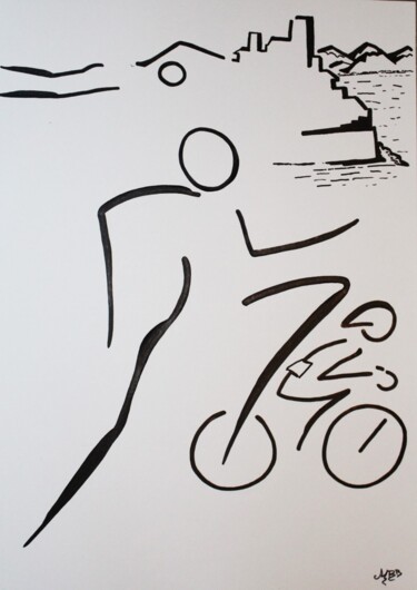 Zeichnungen mit dem Titel "Triathlon Antibes" von Michèle Baylet-Brunet, Original-Kunstwerk, Tinte