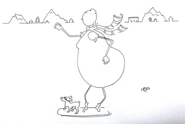 Dessin intitulée "Brindille en snowbo…" par Michèle Baylet-Brunet, Œuvre d'art originale, Encre