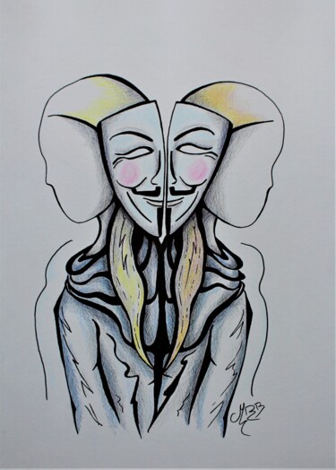 Tekening getiteld "Masque Anonymous" door Michèle Baylet-Brunet, Origineel Kunstwerk, Inkt