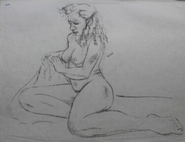 Dibujo titulada "Jeune femme aux cou…" por Michèle Baylet-Brunet, Obra de arte original, Carbón