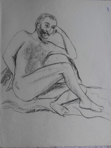 Drawing titled "Jeune homme barbu" by Michèle Baylet-Brunet, Original Artwork, Charcoal