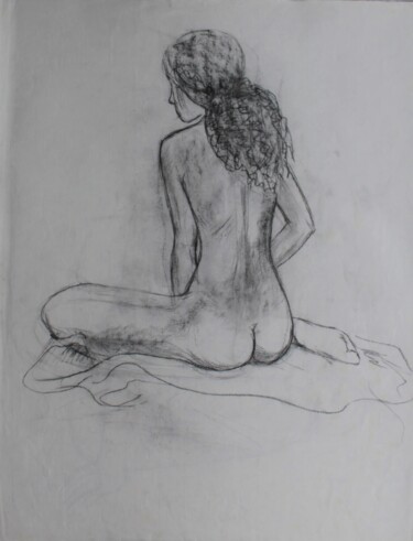 Drawing titled "Jeune femme au dos…" by Michèle Baylet-Brunet, Original Artwork, Charcoal