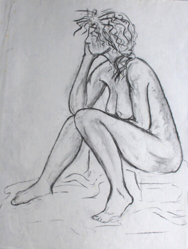 Zeichnungen mit dem Titel "Attente passive" von Michèle Baylet-Brunet, Original-Kunstwerk, Kohle
