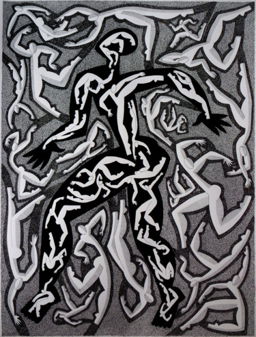 Tekening getiteld "Un homme en marche" door Michèle Caranove, Origineel Kunstwerk