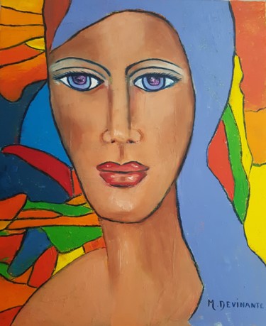 Painting titled "FEMME AU VOILE BLEU" by Michele Devinante, Original Artwork