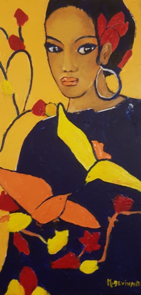 Картина под названием "FEMME AUX COLIBRIS" - Michele Devinante, Подлинное произведение искусства