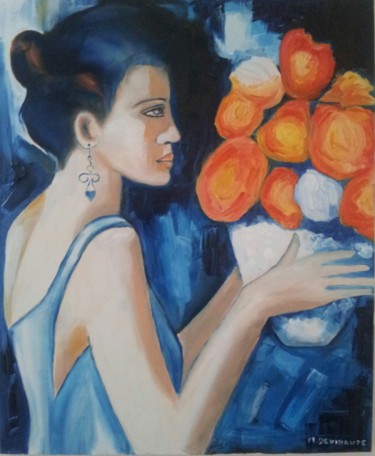 Painting titled "FEMME BLEUE" by Michele Devinante, Original Artwork, Oil