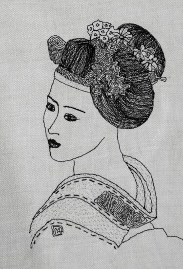 Textilkunst mit dem Titel "AKINA Feur du print…" von Michèle Duvillet, Original-Kunstwerk, Faden