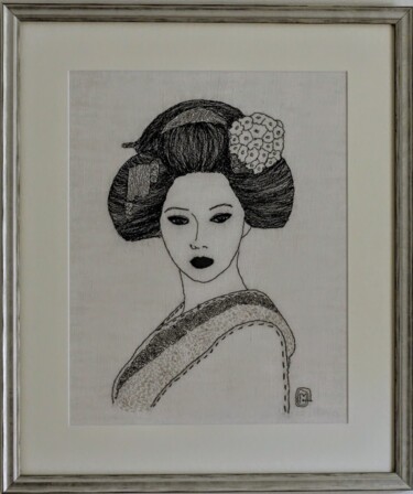 Textile Art titled "HIMARI" by Michèle Duvillet, Original Artwork, Thread Mounted on Cardboard