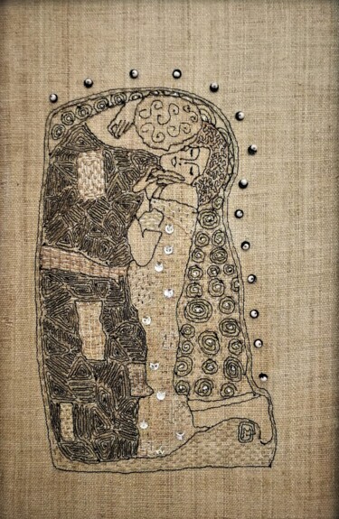 Textile Art titled "Baiser brodé" by Michèle Duvillet, Original Artwork, Embroidery Mounted on Cardboard