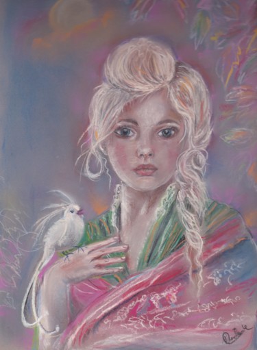 「La fille à l'oiseau」というタイトルの描画 Michele Gによって, オリジナルのアートワーク, パステル