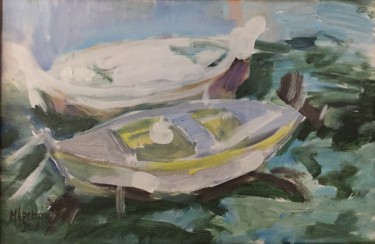 Malerei mit dem Titel "barques bleus" von Michèle Gerbaud, Original-Kunstwerk, Acryl