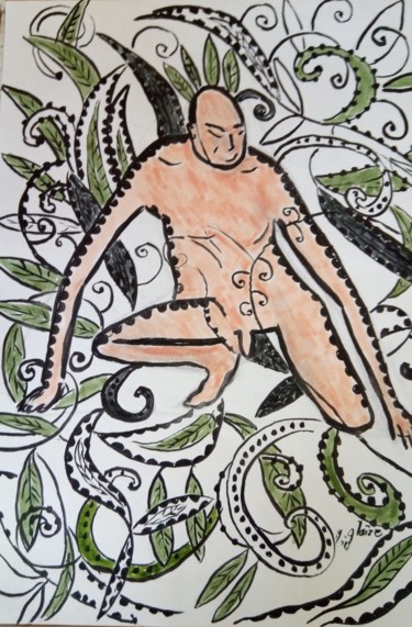 Painting titled "HOMME SAUVAGE" by Michele Glaize, Original Artwork, Ink